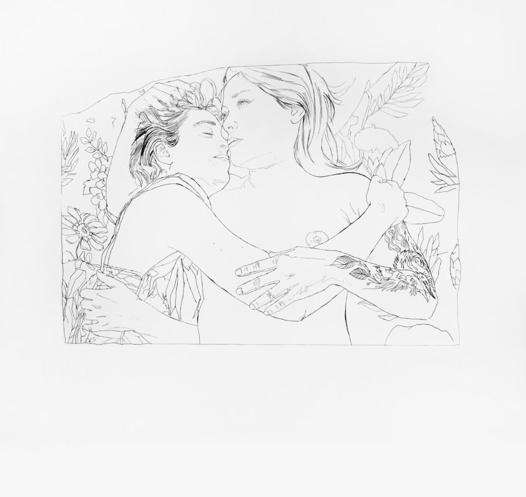 Eva y Sil I, 2021. Lápiz s/papel, 150x 165 cm. 